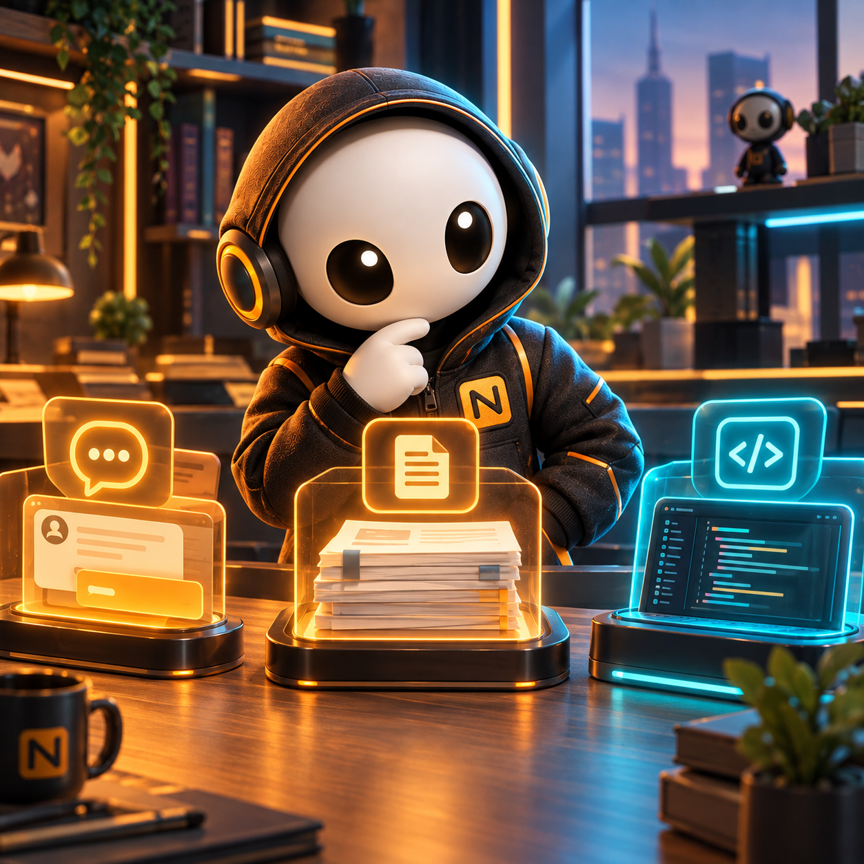Маскот NEXOMAKE сравнивает варианты AI-моделей по скорости, качеству и объёму материалов на рабочем столе.