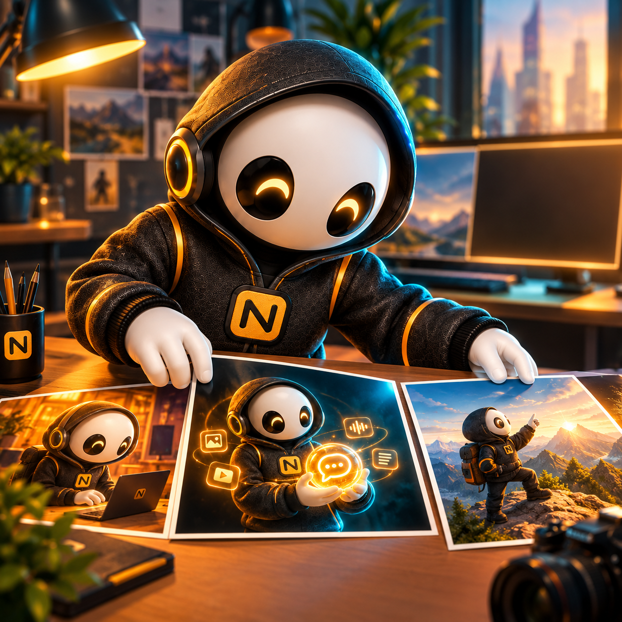 NEXOMAKE mascot arranging consistent character scenes and layouts at a creative workstation