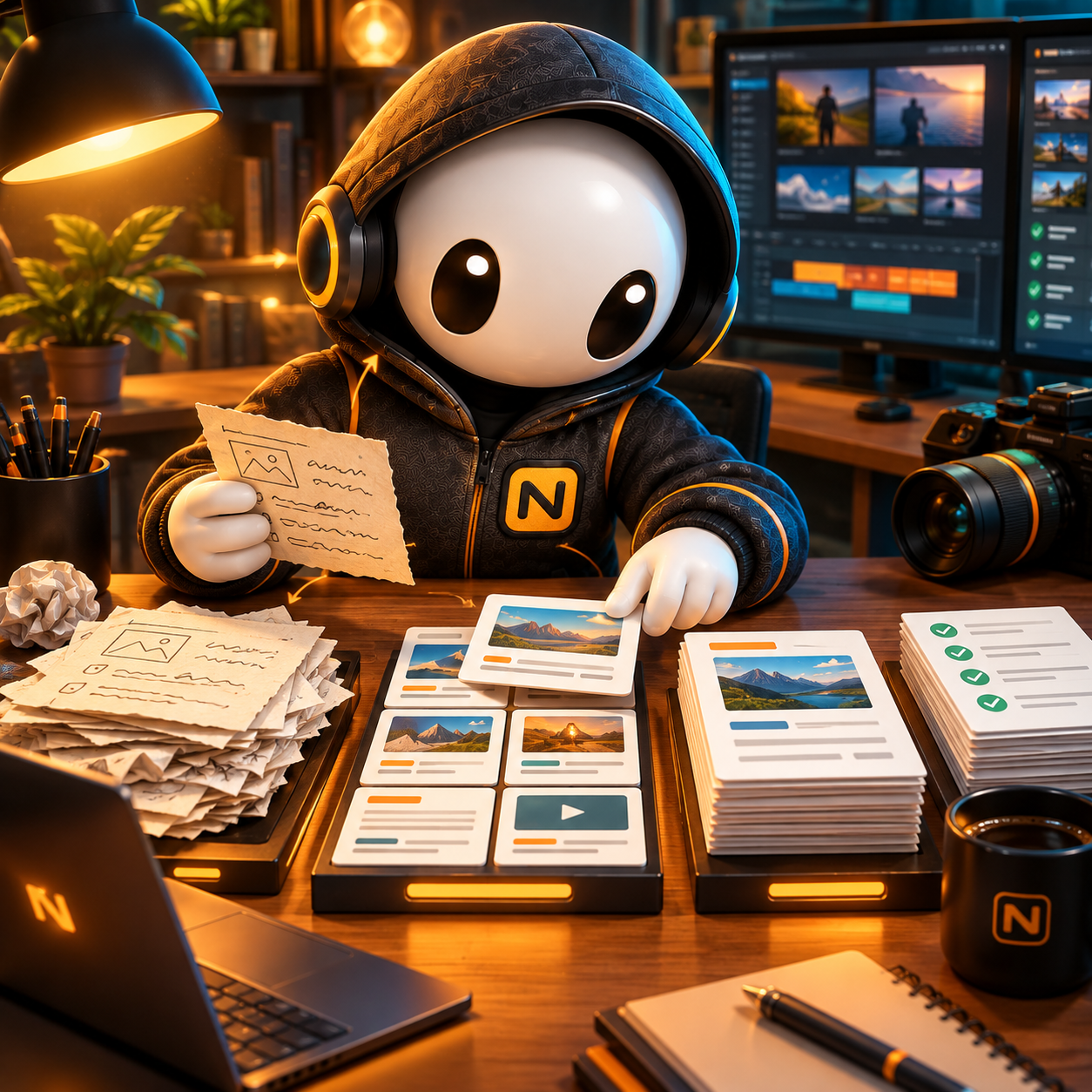NEXOMAKE mascot organizes a garden volunteer's rough note into clear question cards, finished posts, and a final review stack.
