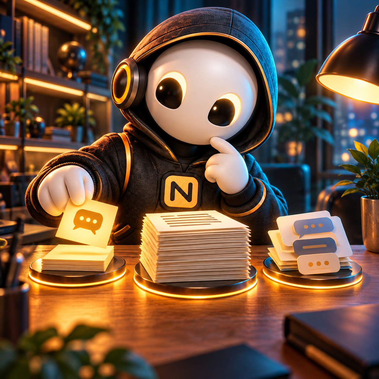 NEXOMAKE mascot considers different work tasks at an illuminated desk