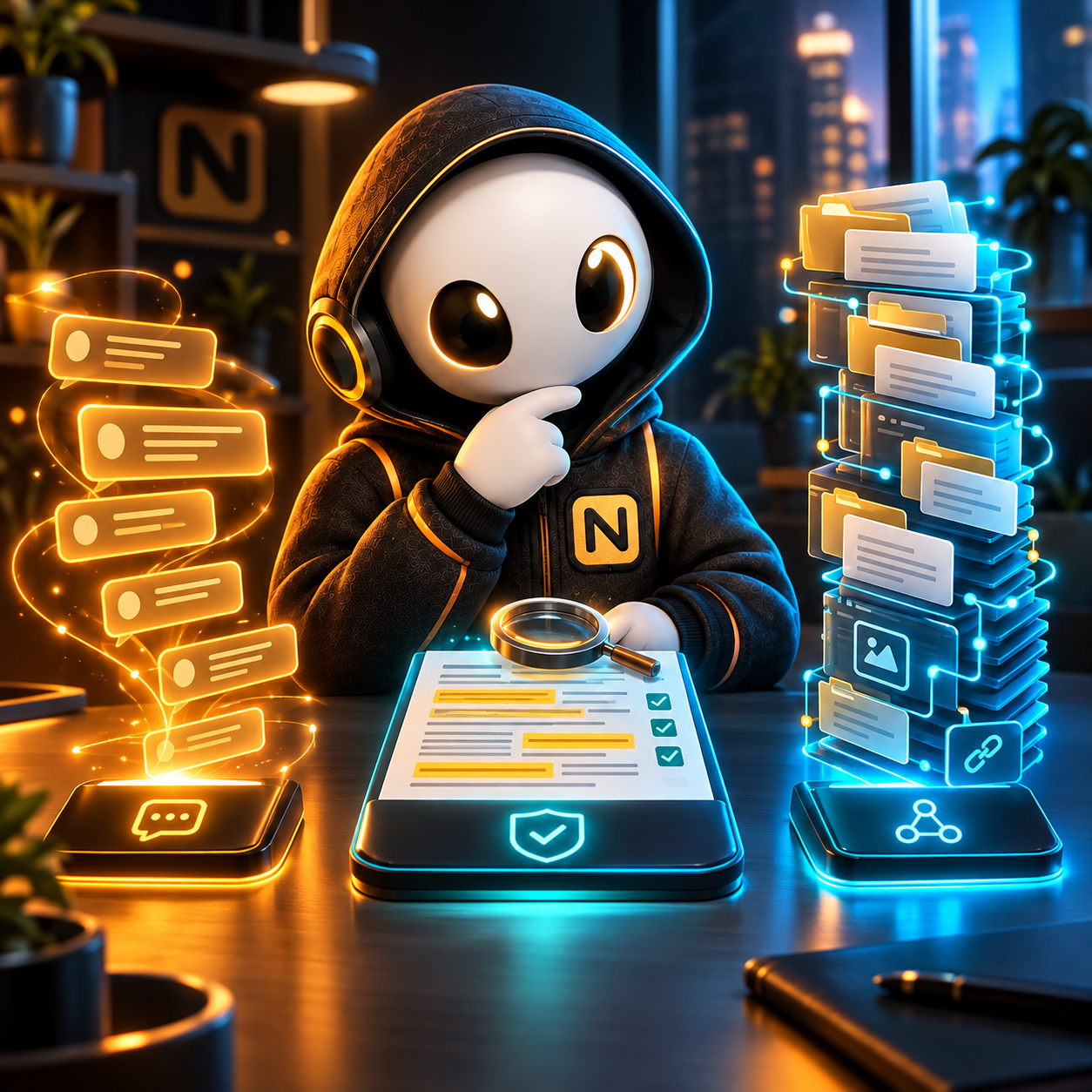 Белоголовый маскот NEXOMAKE сравнивает три AI-модели по скорости, качеству и объёму контекста за рабочим столом с документами и кодом